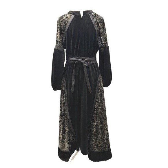 Sajeda Dresses & Skirts - Gothic Black Velvet Maxi Dress Leopard Panels Fringe Renaissance Boho Womens SM